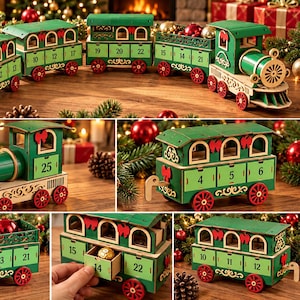May include: A wooden Christmas train advent calendar featuring green carriages with red wheels and numbered drawers from 1 to 25. The train includes a locomotive engine and multiple cars with decorative cutouts, designed for laser cutting with 3mm material.
