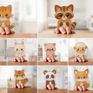 Könnte beinhalten: Eine Sammlung von zehn digitalen Tier-Fingerpuppen, darunter eine Katze, ein Waschbär, eine Eule, ein Hase, ein Schwein, ein Schaf, ein Hund, ein Eichhörnchen, ein Panda und ein Fuchs. Der Text rechts lautet INSTAT DOWNLOAD SVG PNG DFX PDF EPS CDR 10 FILES ANY MM.
