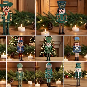 May include: A collection of ten wooden nutcracker figures in various uniforms and hats, including cowboy, soldier, and sailor styles. The image includes text indicating an instant download of SVG, PNG, DFX, PDF, EPS, and CDR files for 3mm material.