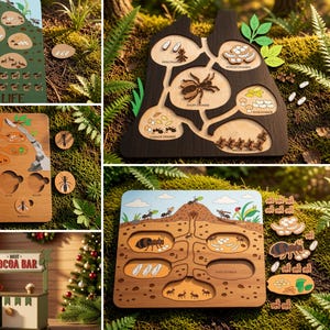 May include: A digital collection of ant colony life cycle educational puzzles and a hot cocoa bar stand design. The files include SVG, PNG, DFX, PDF, EPS, and CDR formats. The ant puzzles feature cross-section views of tunnels, eggs, larvae, and ants.