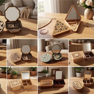 Può includere: Una collezione di dieci file digitali per portagioie in legno tagliati al laser in varie forme, tra cui ottagono, triangolo, cerchio, quadrato e rettangolo. Ogni scatola presenta un coperchio incernierato con uno specchio integrato.