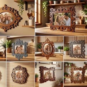 Op de afbeelding: Een collectie van tien decoratieve houten fotolijsten met ingewikkeld krulwerk en sierlijke randen. De lijsten worden getoond in verschillende vormen, waaronder ovaal, rechthoekig en vierkant, elk met een foto van een gezin erin.