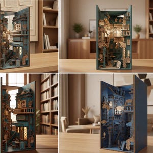 Puede incluir: Un inserto de sujetalibros de madera multicapa que presenta una intrincada escena callejera en miniatura con edificios en tonos azules, balcones y detalles arquitectónicos. La estructura incluye iluminación cálida y es un conjunto de archivos digitales.