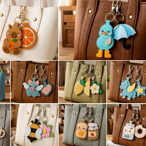 May include: A collection of digital files including SVG, PNG, DFX, PDF, EPS, and CDR formats for 10 keychain designs. The designs feature various characters and objects like a capybara, duck, pig, bee, toast, and milk carton attached to handbags.