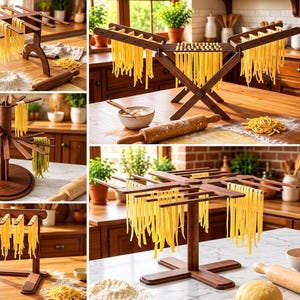 May include: A collection of wooden pasta drying racks in various designs, including folding and rotating models, holding strands of fresh yellow pasta. The text on the right reads INSTAT DOWNLOAD SVG PNG DFX PDF EPS CDR 05 FILES 4MM.
