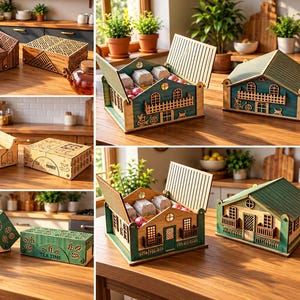 Peut inclure: Une collection de boîtes à thé en bois découpées au laser en forme de maisons, avec des motifs complexes, des toits à charnières et des compartiments internes pour sachets de thé. L'image inclut des textes comme TEA TIME et divers formats de fichiers.
