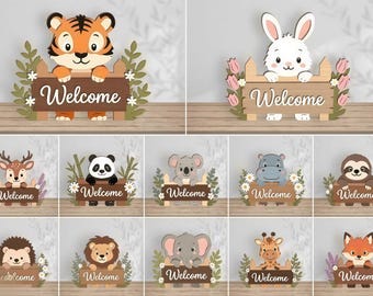 動物のウェルカムサインSVGバンドル、レイヤードウッドランドアニマルドアハンガー、子供部屋装飾ファイル、Glowforge Dxf Cdr Ai Pdf