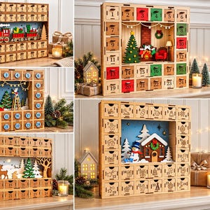 May include: A collection of wooden advent calendars featuring 24 numbered drawers surrounding a central holiday scene. Designs include a train, a fireplace, a snowman, and a forest with deer. Text on the right lists file formats: INSTAT DOWNLOAD, SVG, PNG, DFX, PDF, EPS, CDR, 05 FILES, 3MM.