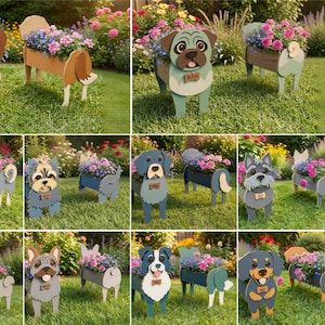 May include: A collection of digital files including SVG, PNG, DFX, PDF, EPS, and CDR formats for creating dog-shaped wooden planters. The designs feature various dog breeds with integrated rectangular containers for flowers, each with a bone-shaped name tag.
