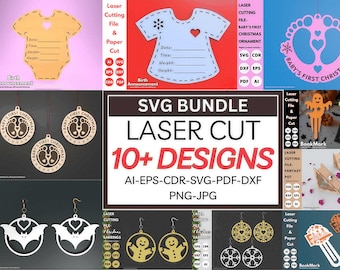 レーザーカットSVGバンドル10デザイン クリスマス ハロウィン ベビーオーナメント イヤリング ブックマーク Glowforge SVG PDF