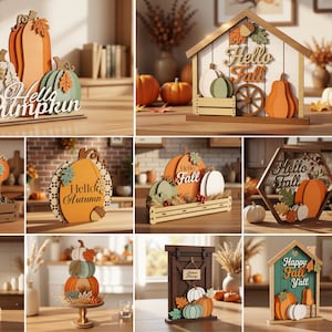Könnte beinhalten: Eine Sammlung von zehn lasergeschnittenen, herbstlichen Holzschildern mit Kürbissen, Blättern und Schriftzügen wie Hello Pumpkin, Hello Fall, Hello Autumn und Happy Fall Y'all in den Farben Orange, Grün und Weiß für Dekorationen.