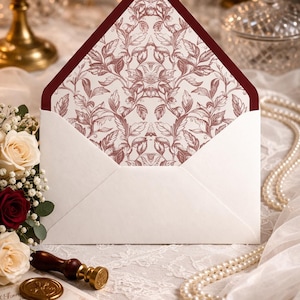 May include: An open white envelope with a burgundy border and a floral patterned interior. The envelope is part of a stationery set, with a wax seal, flowers, and pearls in the background. The envelope is designed for wedding invitations.