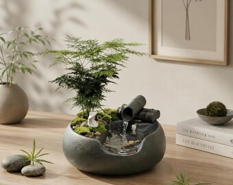 Zen Japanese Indoor Fountain, Feng Shui Office Decor, Relaxing Waterfall with Fisherman Figurine, Wabi-Sabi Meditation Gift
