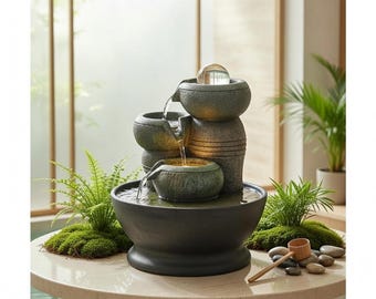 Fontana a cascata Zen da interno con 3 livelli | Decorazione rilassante per ufficio | Fontana da tavolo a LED con effetto pietra | Regalo di benessere Feng Shui