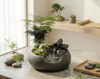 Fontaine d'Intérieur Zen Jardin Japonais, Décoration Feng Shui Bureau, Cascade Relaxante avec Petit Pêcheur, Cadeau Méditation Wabi-Sabi