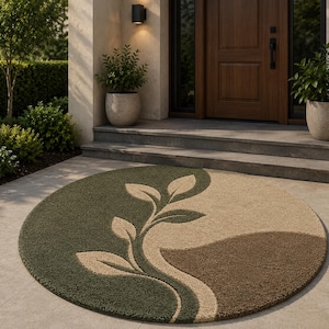 Può includere: Un tappeto rotondo da esterno con un design a foglie. Il tappeto presenta una combinazione di colori verde, beige e marrone. Il design a foglie è beige e marrone, con uno sfondo verde. Il tappeto è posizionato su un patio in cemento.