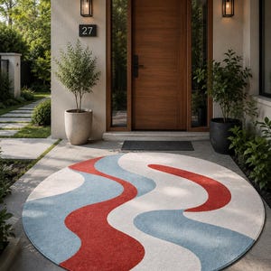 Può includere: Un tappeto circolare caratterizzato da un motivo astratto ondulato nei toni del rosso, azzurro e bianco sporco. Il tappeto è posizionato su una superficie piana e pavimentata, con una texture liscia a pelo corto e linee curve nette su tutta la superficie.