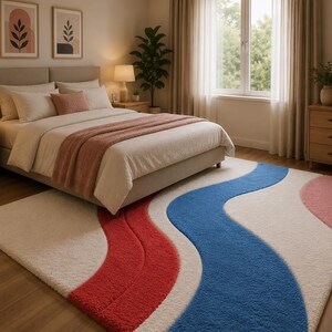 Tappeto in lana astratto a onda fatto a mano, tappeto colorato rosso blu rosa bianco, tappeto moderno contemporaneo boho per soggiorno camera da letto decorazione per la casa, tappeto unico