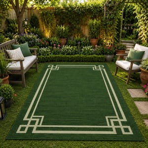 Può includere: Un tappeto rettangolare verde da esterno con un bordo geometrico in una tonalità di verde più chiara. Il tappeto è posizionato su un prato erboso, circondato da mobili da giardino e piante. Le dimensioni del tappeto non sono visibili.
