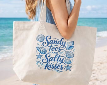 Sac de plage en toile : imprimé coquillages côtiers Sandy Toes Salty Kisses
