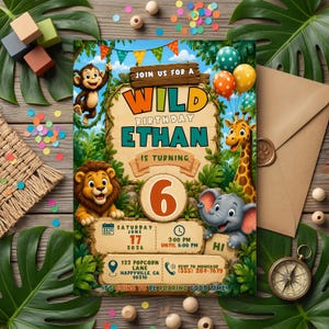 Redigerbar Safari-födelsedagsinbjudan, Djungeldjursfestinbjudan, Vilddjursfödelsedagsinbjudan, Söt Lejon, Elefant, Giraff, Apa, Inbjudan