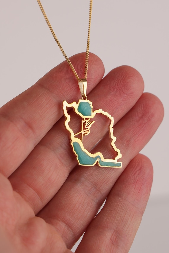 Iran Map Necklace with Shah Signature Sterling Silver Turquoise Resin Pendant