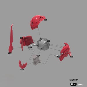 May include: An exploded diagram of a red and grey model kit, with parts labelled H01 to H09. The kit is identified as MSN-06NEO ATLAS 1/48 BUST, with the word "HEAD" at the top.