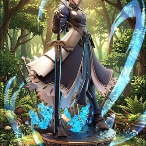 May include: An illustration of a character in a forest setting, holding a large sword. The character is wearing armor and a long flowing dress in shades of blue, white, and gold. The artwork has a fantasy theme with blue energy effects.