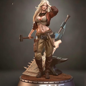 May include: A detailed figurine of a woman in work attire, holding a hammer. She wears a brown jacket, tan pants, and goggles. A large hammer and anvil are behind her. The base of the figurine has the letters "CWS".