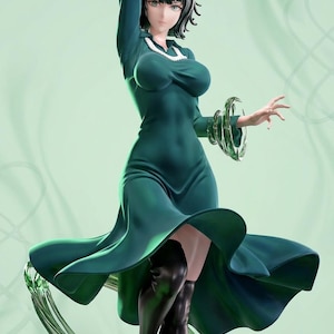 May include: A detailed figurine of a character in a teal dress and black boots. The figure has short black hair and is adorned with green, ring-like accessories. The pose is dynamic, with one arm raised and the other extended.