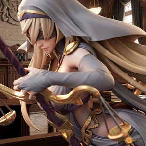 May include: A detailed figurine of a robed figure, blindfolded, holding a golden scale. The figure has long blonde hair and is wearing a gray and gold outfit. The background shows a courtroom setting with a judge's bench.