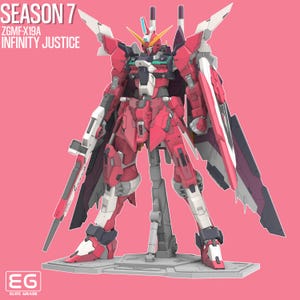 May include: A red, white, and gray model of a robot, standing on a gray base. The robot has large wings and is holding a long weapon. Text on the image reads "SEASON 7 ZGMF-X19A INFINITY JUSTICE" and "EG ELITE GRADE".