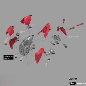 May include: An exploded diagram of a model kit, with red, grey, and beige plastic parts. The image includes the text "SHOULDER", "ATTACH TO CHETS", and "MSN-06NEO ATLAS 1/48 BUST".