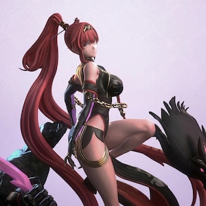 Op de afbeelding: Gedetailleerd beeldje van een vrouwelijk personage met lang rood haar in een hoge paardenstaart. Ze draagt een zwart en gouden outfit met een kettingdetail. Het beeldje poseert met een draakachtig wezen.