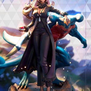 Peut inclure: Figurine détaillée d'un personnage en long manteau et pantalon noirs, tenant une balle rouge et blanche. Une créature bleue et rouge se tient derrière elle. Le personnage a les cheveux blonds et porte des talons noirs.