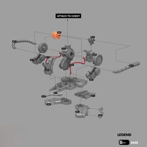 May include: An exploded diagram of a model kit, with mechanical components in grey, red, and orange. The text "ATTACH TO CHEST" and "MSN-06NEO ATLAS 1/48 BUST" are visible. The word "BASE" is at the top. The diagram is for a 1/48 scale model.