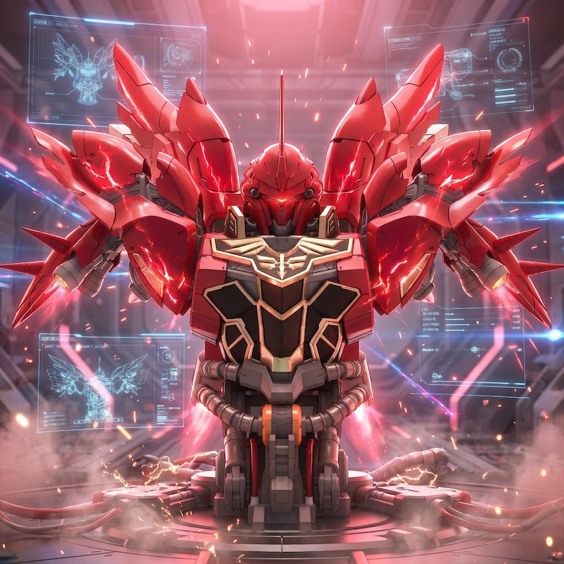 May include: A striking red and gold robot model with elaborate wing-like structures and complex mechanical details. The image features a futuristic setting with digital displays and glowing effects, evoking a science fiction or anime aesthetic.