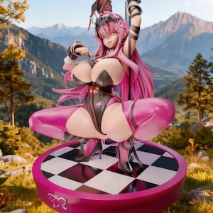 May include: An anime-style figurine of a woman with pink hair and clothing, posed on a black and white checkered platform. The figure is wearing a black and pink outfit, with high heels. The background features a mountain landscape and a sunny sky.