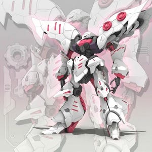 Puede incluir: Ilustración detallada de una figura robótica blanca y roja con grandes estructuras en forma de alas. El robot tiene un diseño complejo con múltiples paneles y articulaciones, y está sobre un fondo rosa suave con un contorno desvanecido del mismo robot.