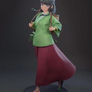 May include: A 3D-rendered figurine of a person in traditional Asian attire. The figure wears a green top, a long burgundy skirt, and green flats. A woven basket is carried on the back. The figure has black hair with blue accents and blue eyes.