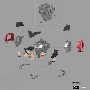 May include: An exploded diagram of a grey chest component, with various parts labelled and connected by lines. The diagram includes red, black, and beige components, with the word "CHEST" at the top and a legend at the bottom.