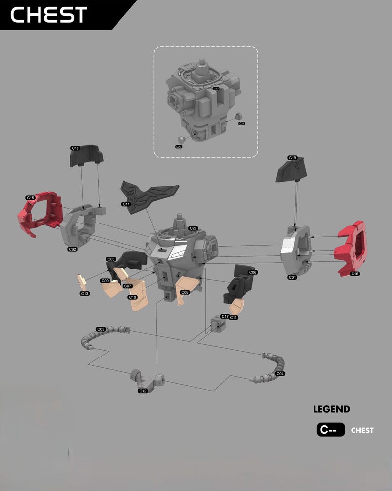 May include: An exploded diagram of a grey chest component, with various parts labelled and connected by lines. The diagram includes red, black, and beige components, with the word "CHEST" at the top and a legend at the bottom.