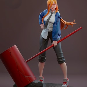 May include: A figurine of a character with orange hair and horns, wearing a blue jacket, white shirt, black tie, and gray pants. The character is holding a large red hammer. The figurine is standing on a rocky base.