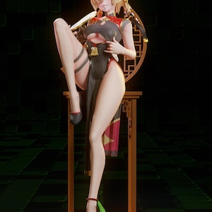 Könnte beinhalten: Detaillierte Figur einer Frau in einem schwarzen und roten Kleid, die auf einem kleinen Holztisch sitzt. Die Figur hat blondes Haar, eine Brille und trägt schwarze Schuhe. Der Hintergrund ist ein dunkelgrünes und schwarzes Schachbrettmuster.