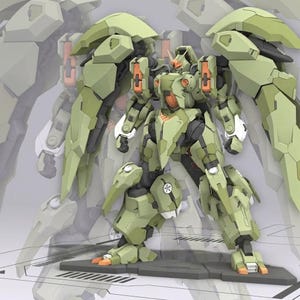 Puede incluir: Modelo detallado de un robot mecha verde y negro con grandes estructuras en forma de alas. El robot tiene detalles en naranja y está posado sobre una plataforma gris. El fondo presenta una imagen desvanecida del mismo robot.
