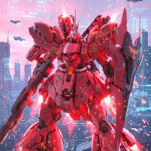 May include: A detailed illustration of a red robot with a large gun and shield. The robot is in a futuristic city setting with digital displays and flying vehicles. Sparks and light effects enhance the action.