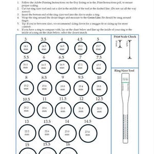 May include: A printable ring sizer tool and chart featuring a grid of circles labeled with US sizes from 3 to 16 and corresponding millimeter measurements. Includes a print scale check with 10 mm and 1 inch markers and a cut-out ring sizer strip.
