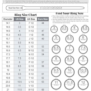 May include: A black and white printable ring sizer guide featuring a measurement tool, a conversion chart for US, UK, and Euro sizes, and a series of circular templates ranging from size 3 to 13.5 to help determine ring diameter in millimeters.