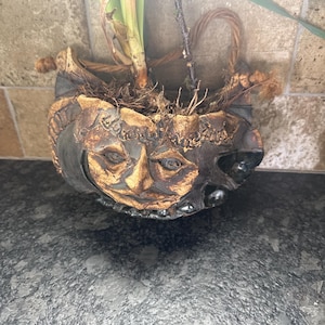 May include: A handcrafted, ceramic planter with a face design. The planter is brown and black with a rope handle. The planter contains a plant with green leaves and a brown stem. The planter is sitting on a dark countertop.
