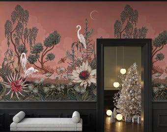 Colorful Leaves, Flowers and White Storks Vintage Style Wallpaper